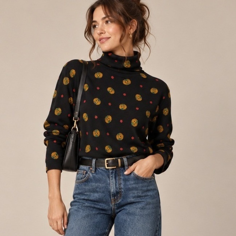 Eagle's Eye Vintage Halloween Fall Pumpkin Turtleneck Top Black M Vintage 90s